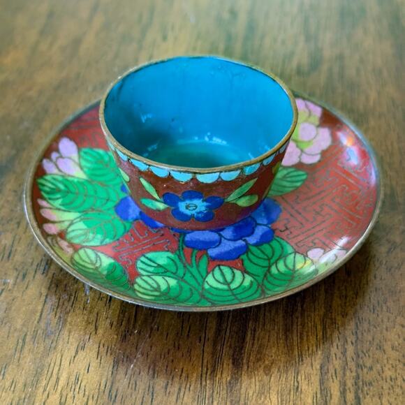 Antique Chinese Cloisonne Cup And Plate Red w Blue Dogwood Pink Lotus Pattern - Picture 13 of 13